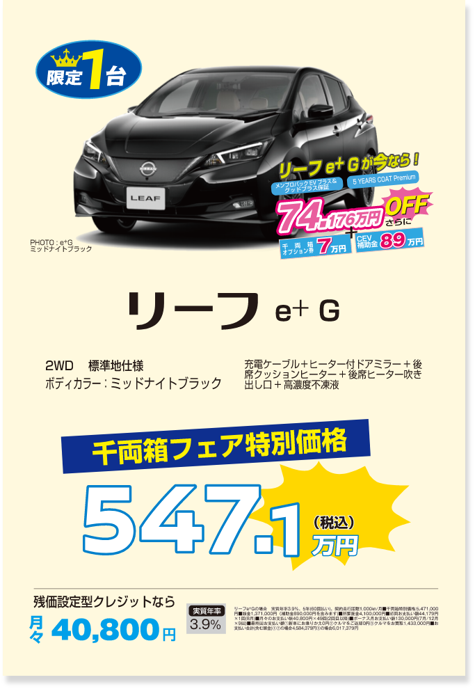 限定1台 リーフ e+G 千両箱フェア特別価格税込547.1万円